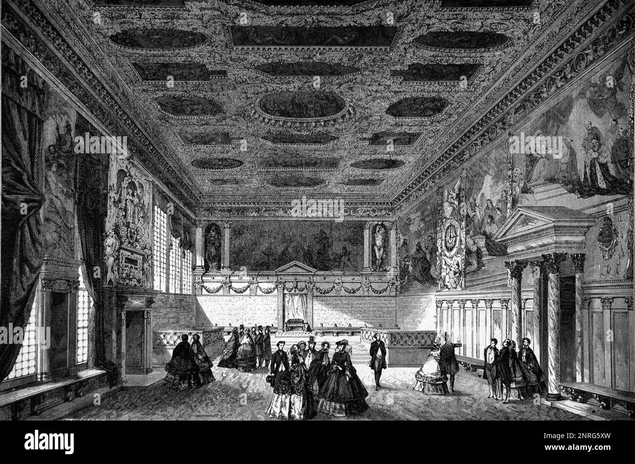 Interior or the Main Audience Hall of the Doge's Palace, or Palace of the Doge (1340), now an Art Museum, Venice, Italy. Vintage Engraving or Illustration 1862 Stock Photo