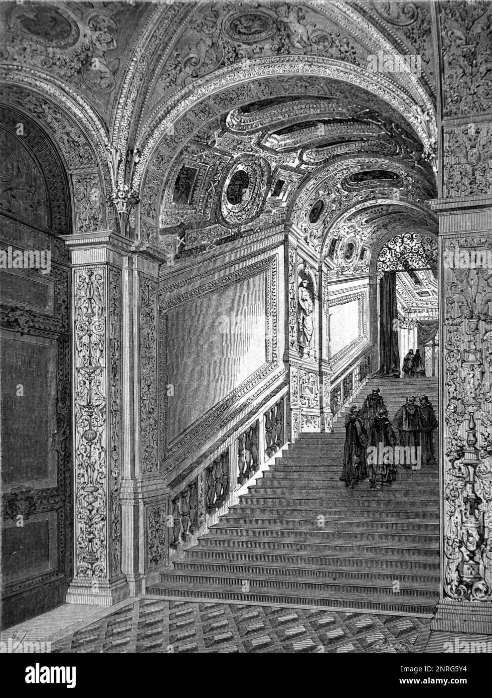 Monumental Staircase or Main Staircase in Interior of the Doge's Palace, or Palace of the Doge (1340), now an Art Museum, Venice, Italy. Vintage Engraving or Illustration 1862 Stock Photo