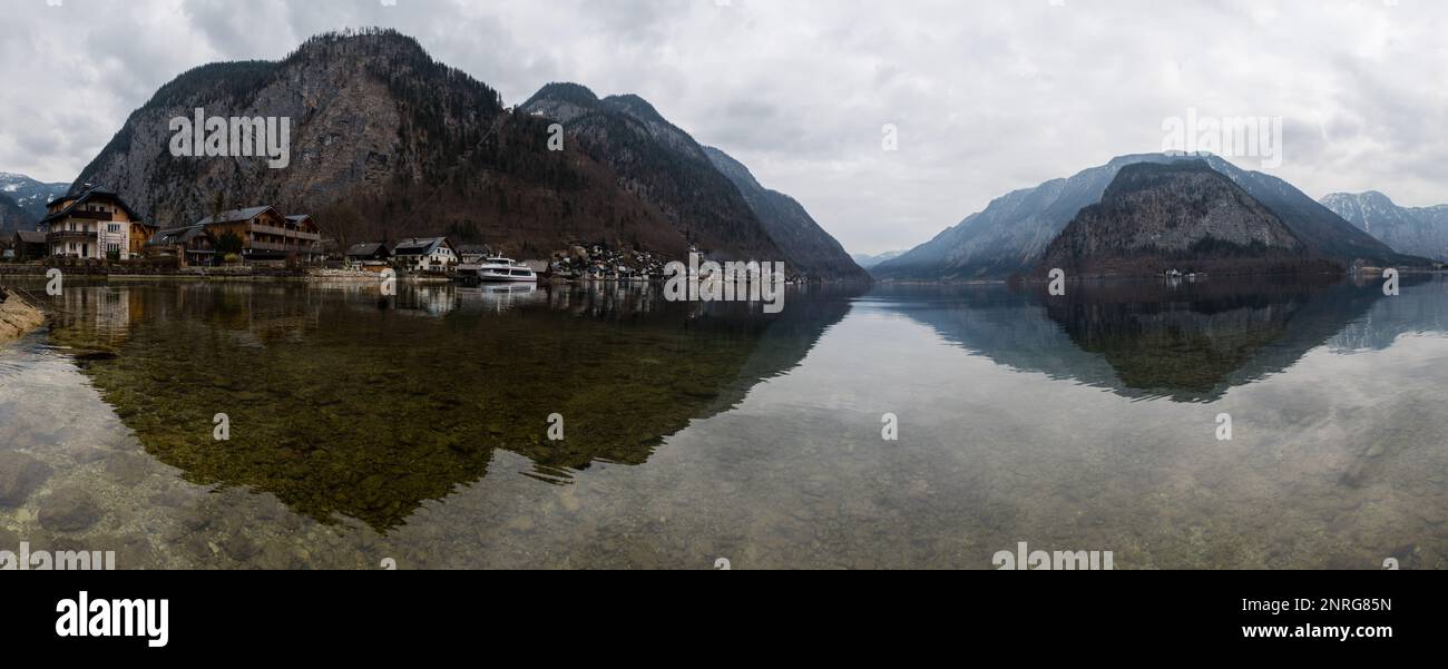 Panoramic view of Hallstatter see lake with Hallstatt village in background. UNESCO site, Austria Stock Photo