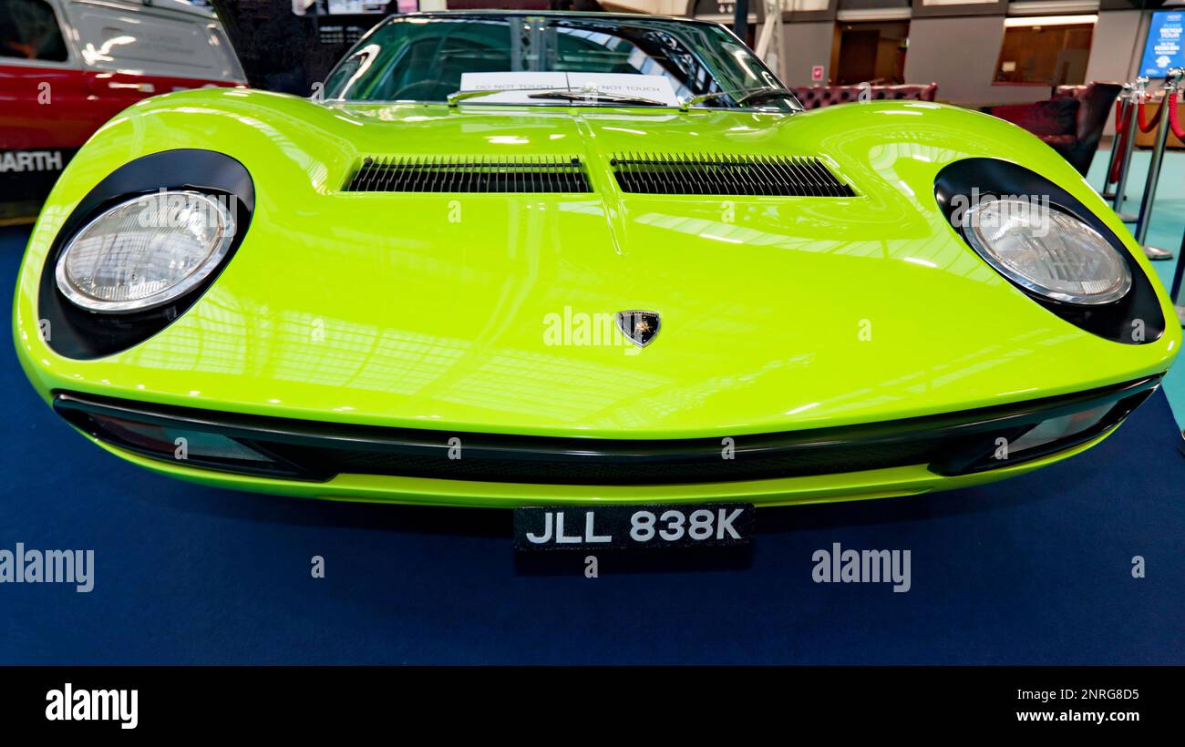 Front view of a Green, 1972, Lamborghini Miura SV, on display at the 2023 London Classic Car Show Stock Photo