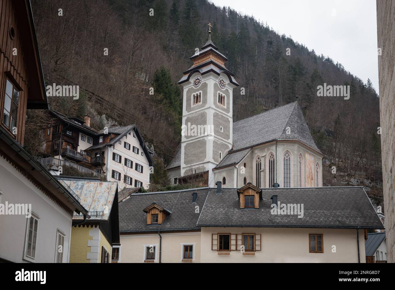 Roman Catholic Parish Church of Hallstatt, Salzkammergut region, Austria Stock Photo