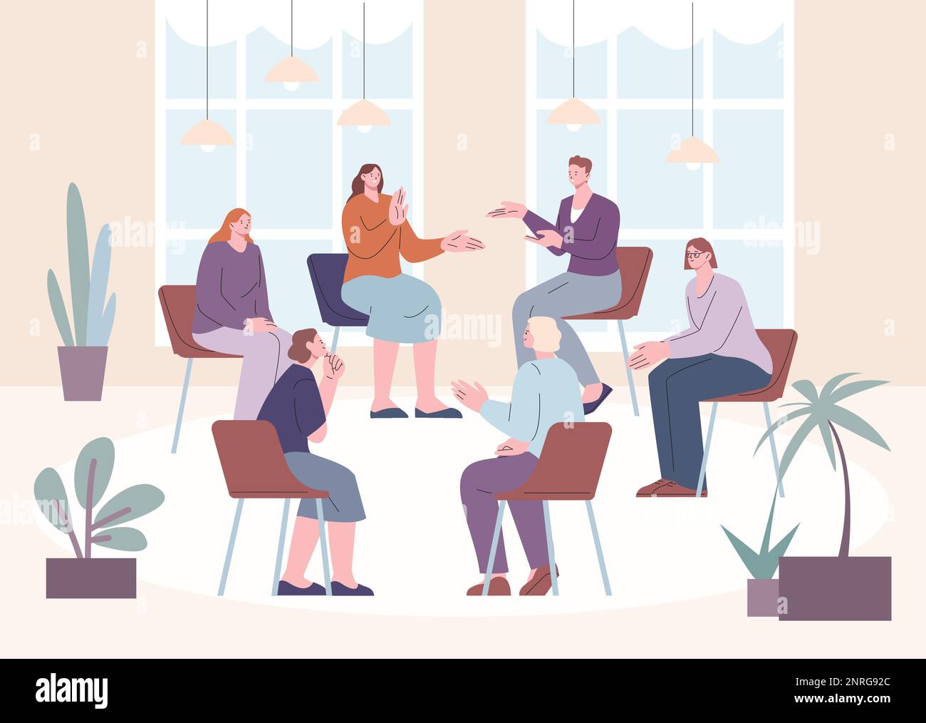 Ask others question, women support group session. Patients and psychiatrist on therapy. Female community meeting, neighborhood kicky vector scene Stock Vector