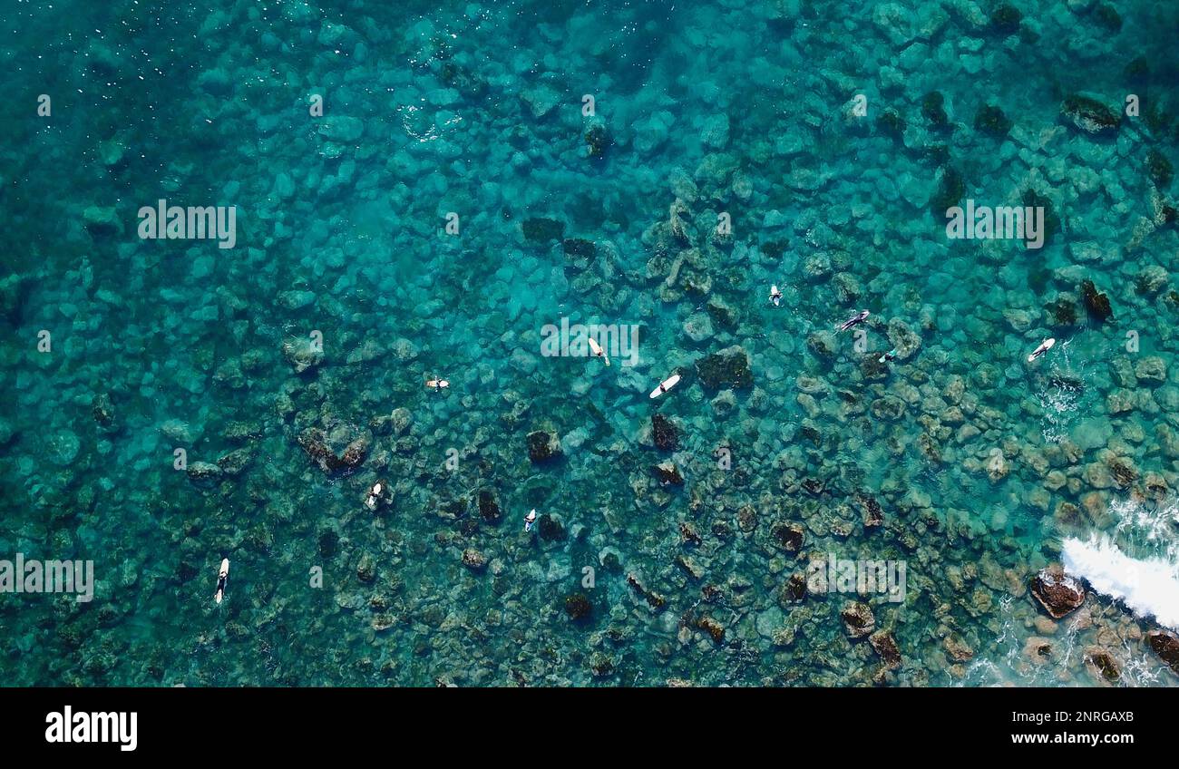 Top view of Surfers relaxing on blue ocean water Stock Photo