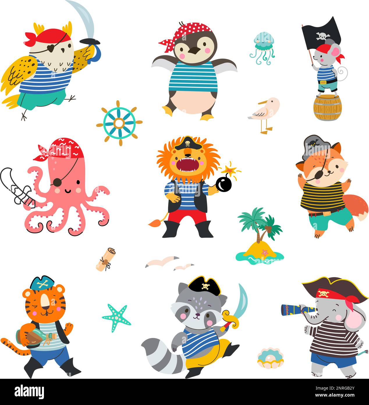 Animal pirates, brave sea pirate lion, raccoon and fox. Cartoon animals wear ocean robber and ship captain costumes, funny nowaday childish vector Stock Vector