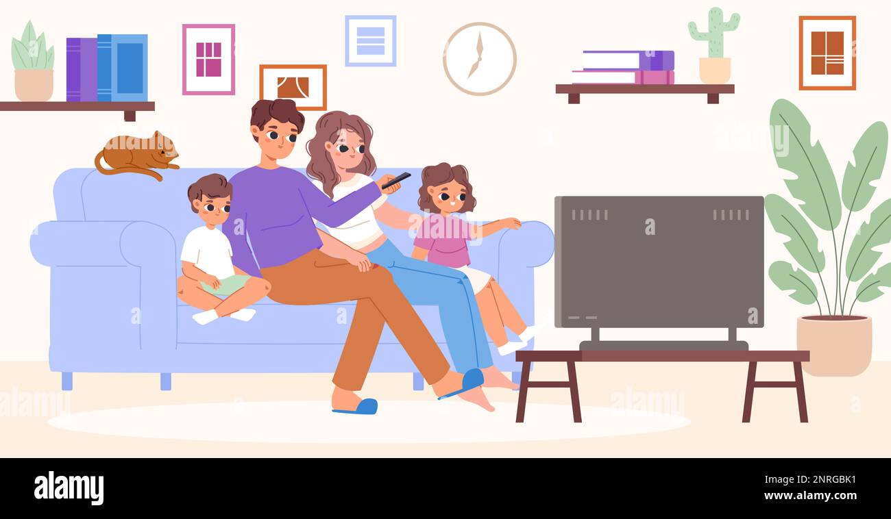 Family watching tv sitting on sofa. Watch movie in living room together. Adults and children relax at home on couch, snugly cartoon vector scene Stock Vector