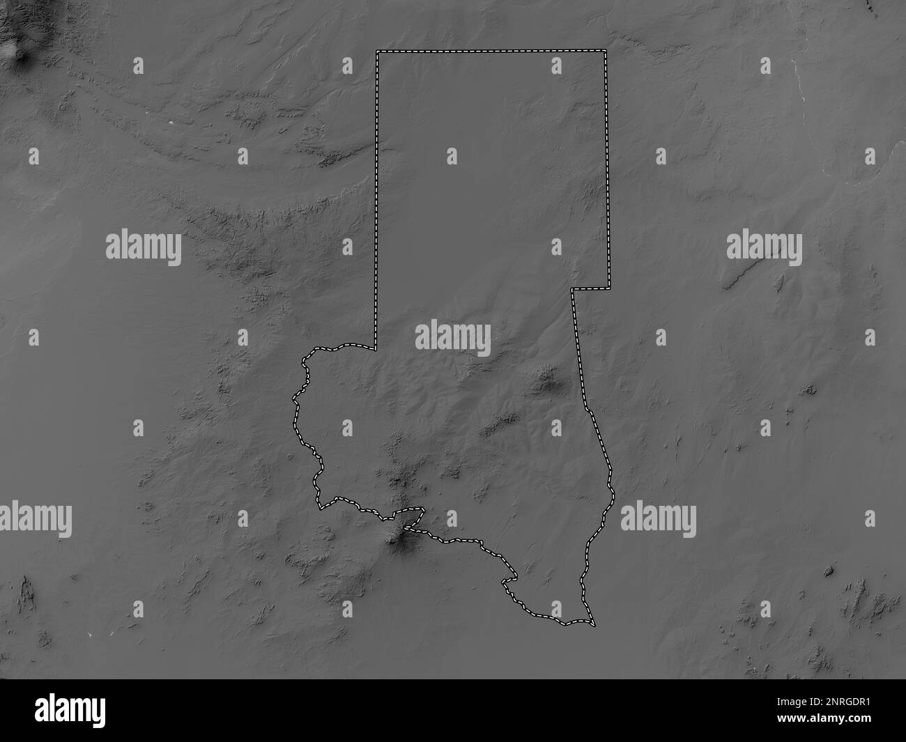 North Darfur, state of Sudan. Grayscale elevation map with lakes and rivers Stock Photo