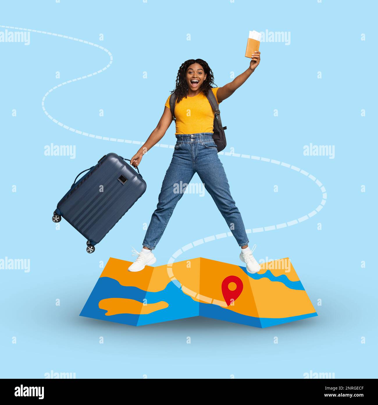 Glad excited young black female in casual with backpack, suitcase and passport, tickets going to vacation Stock Photo