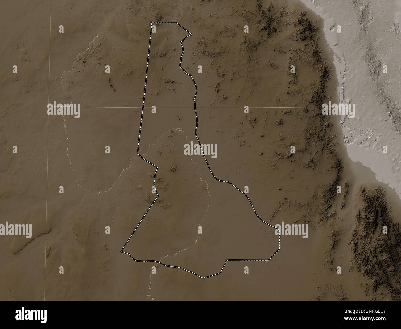 River Nile, state of Sudan. Elevation map colored in sepia tones with lakes and rivers Stock Photo