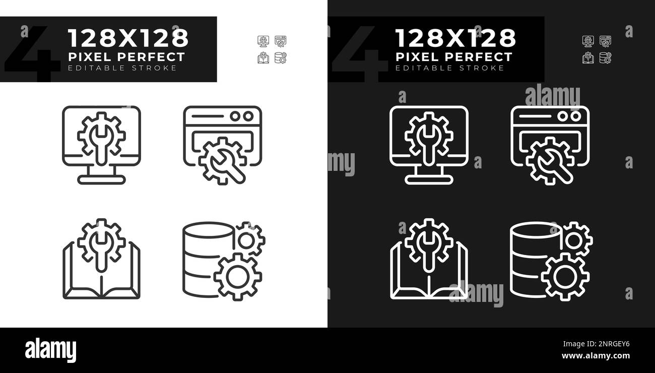 Computer system settings pixel perfect linear icons set for dark, light ...