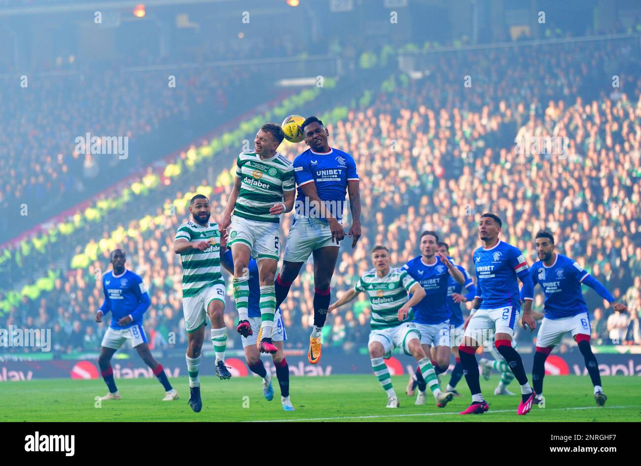 Celtic's Alistair Johnston (left) and Rangers' Alfredo Morelos battle for the ball during the
