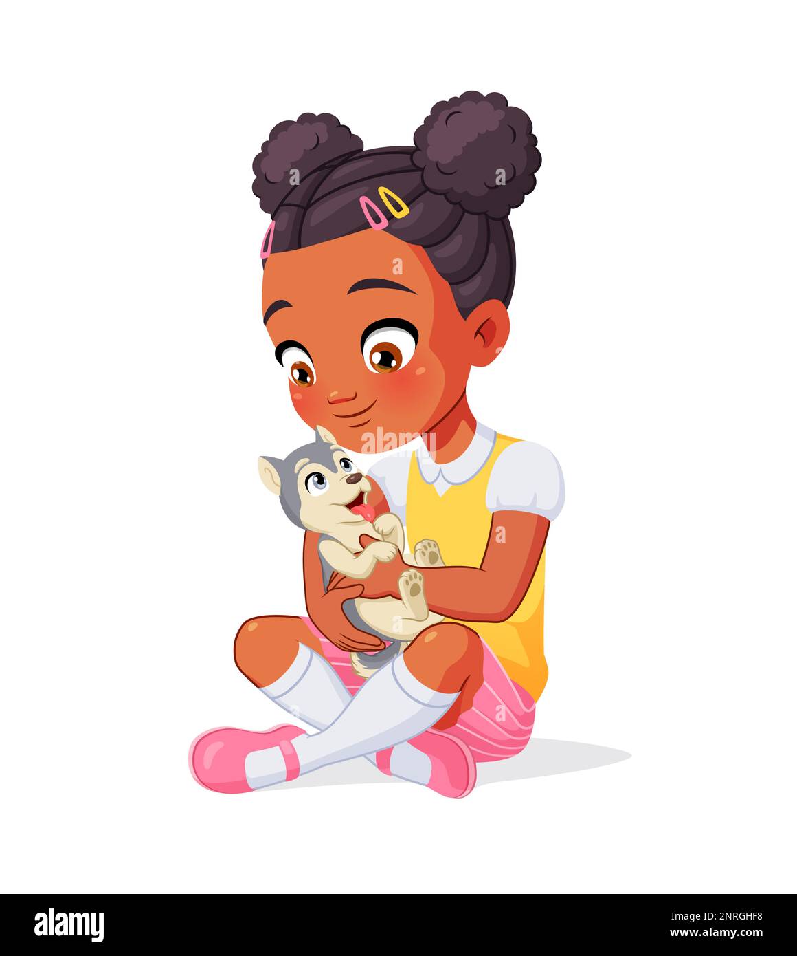 Cute African American girl holding husky puppy. Vector illustration isolated on white background. Stock Vector