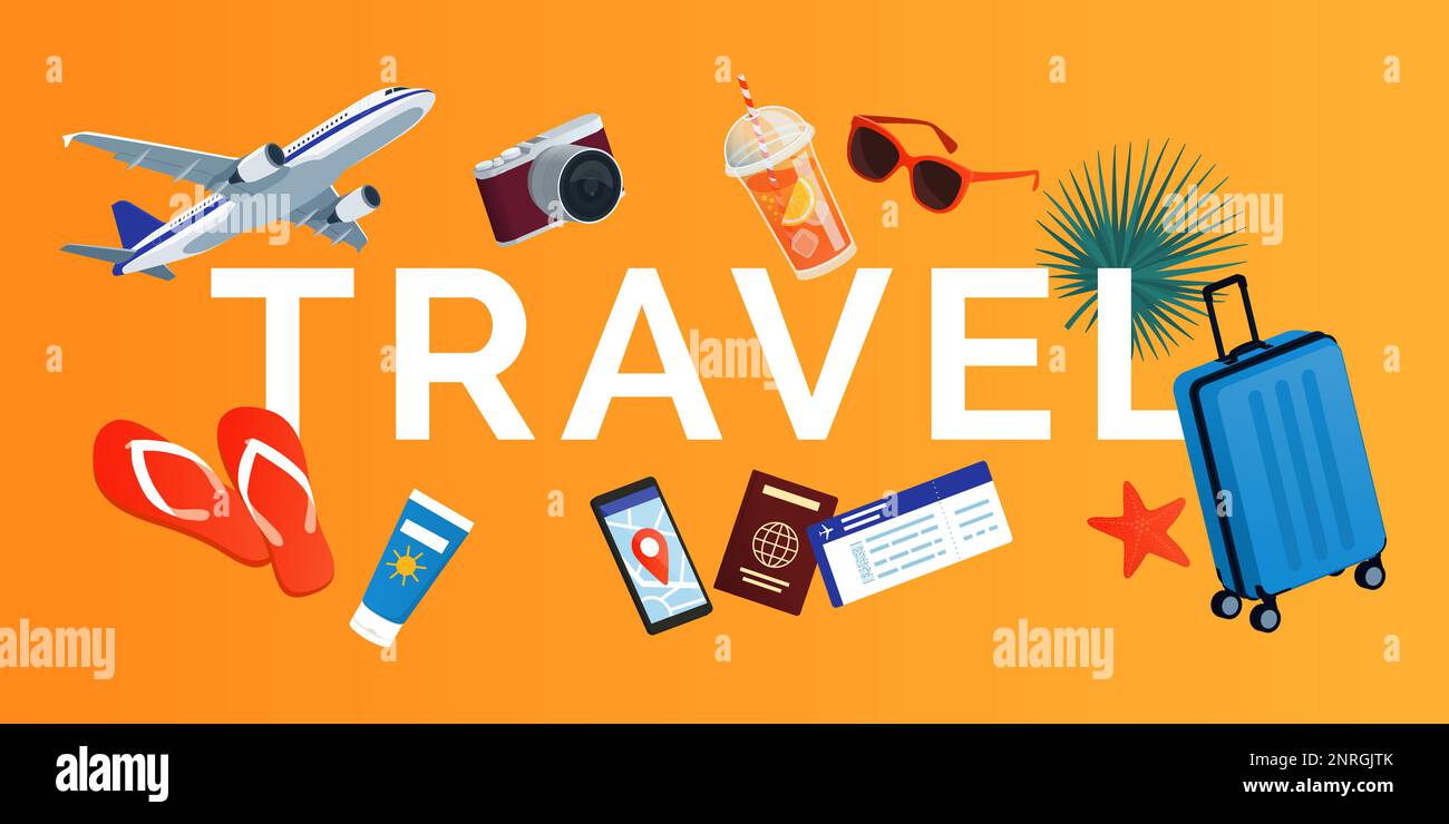 Travel text surrounded by travel items and beach accessories: travel and tourism concept Stock Vector