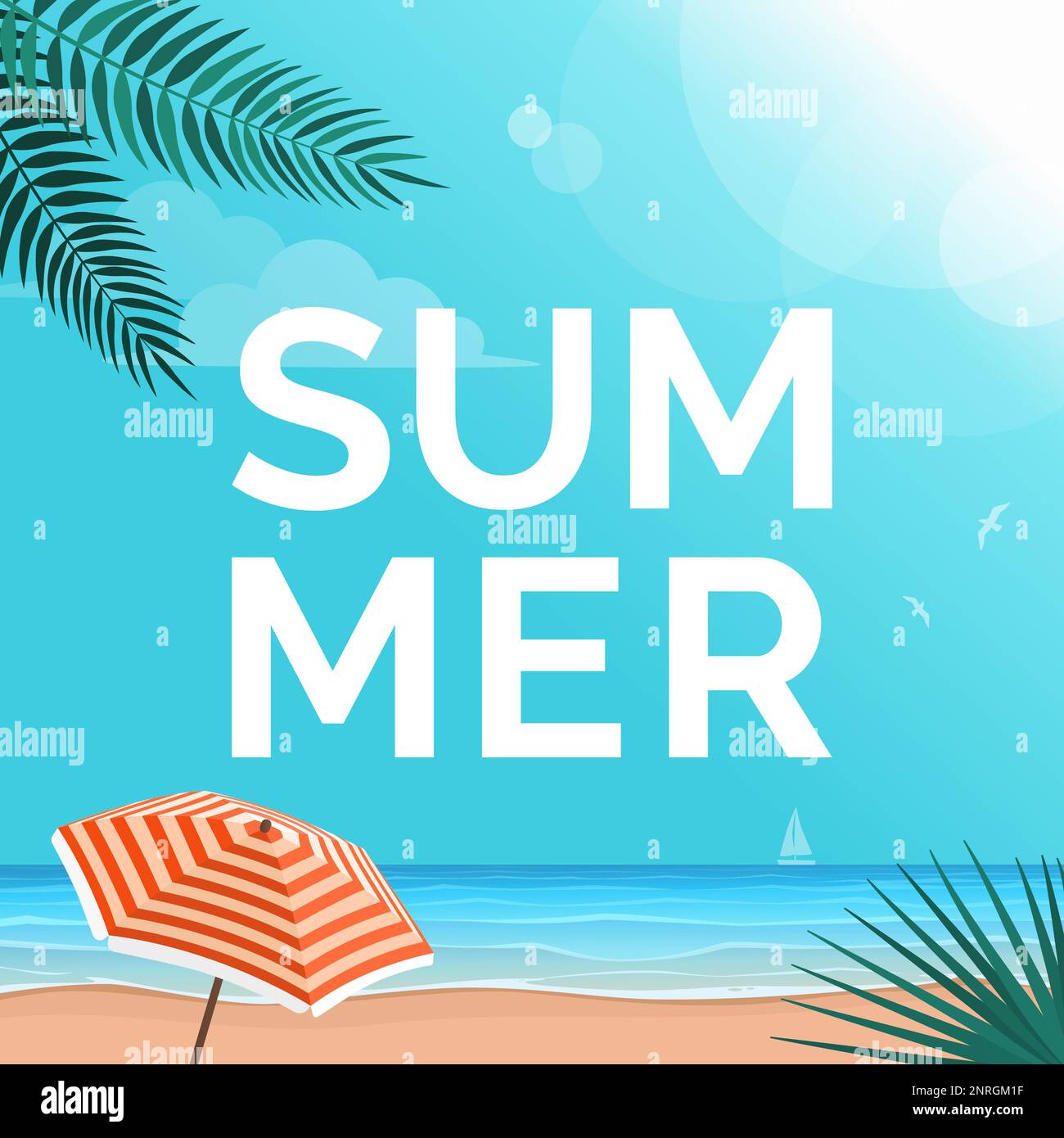 Summer time tropical beach with palms and beach umbrella, travel and