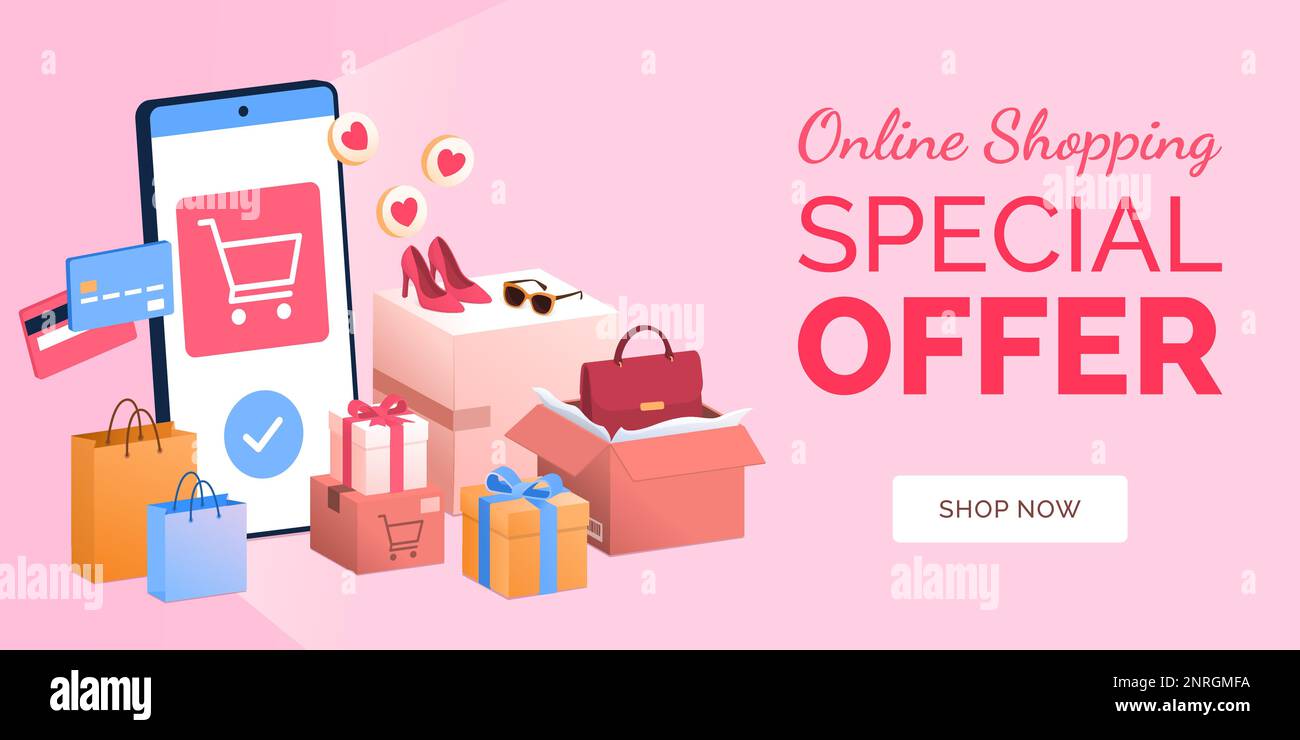 Online shopping and delivery app banner with smartphone and shopping items Stock Vector