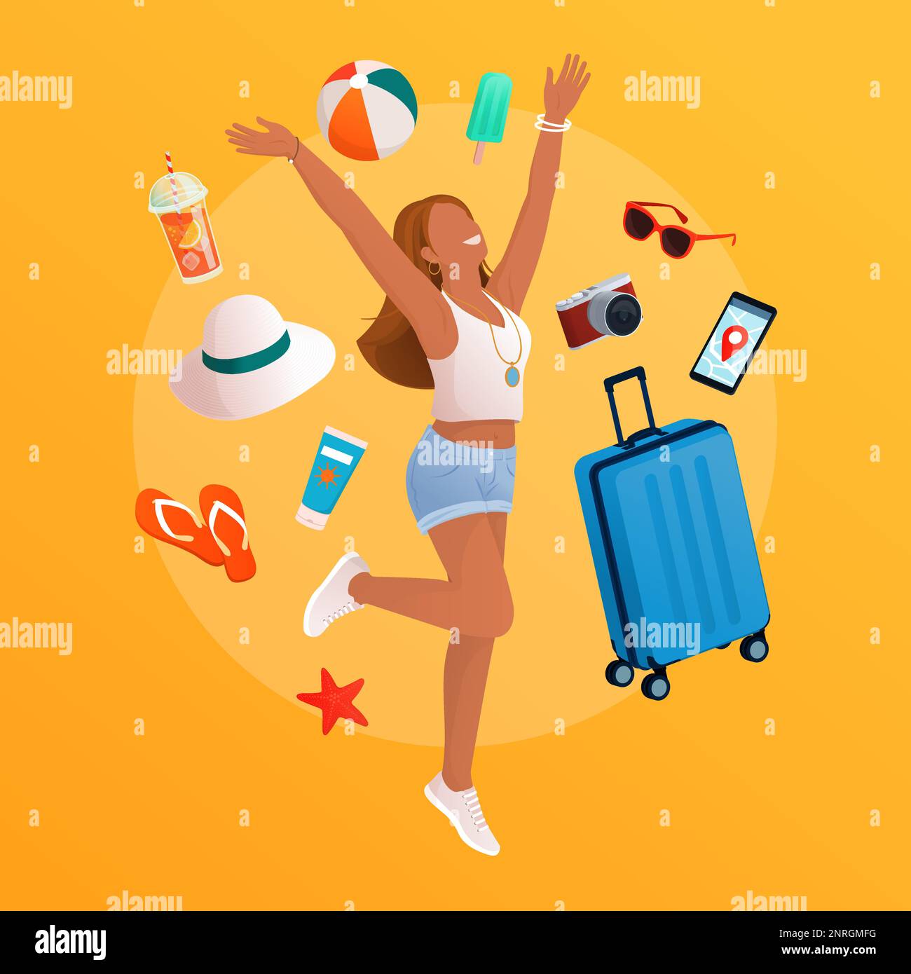 Happy woman leaving for summer vacations, she is surrounded by travel and beach accessories Stock Vector