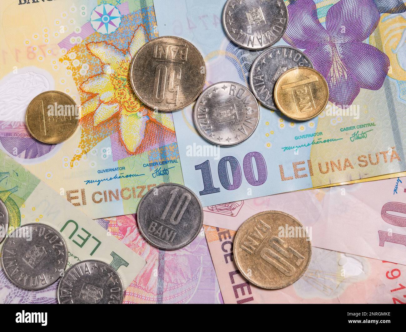 Many romanian banknotes and coins. Romanian currency concept. Stock Photo