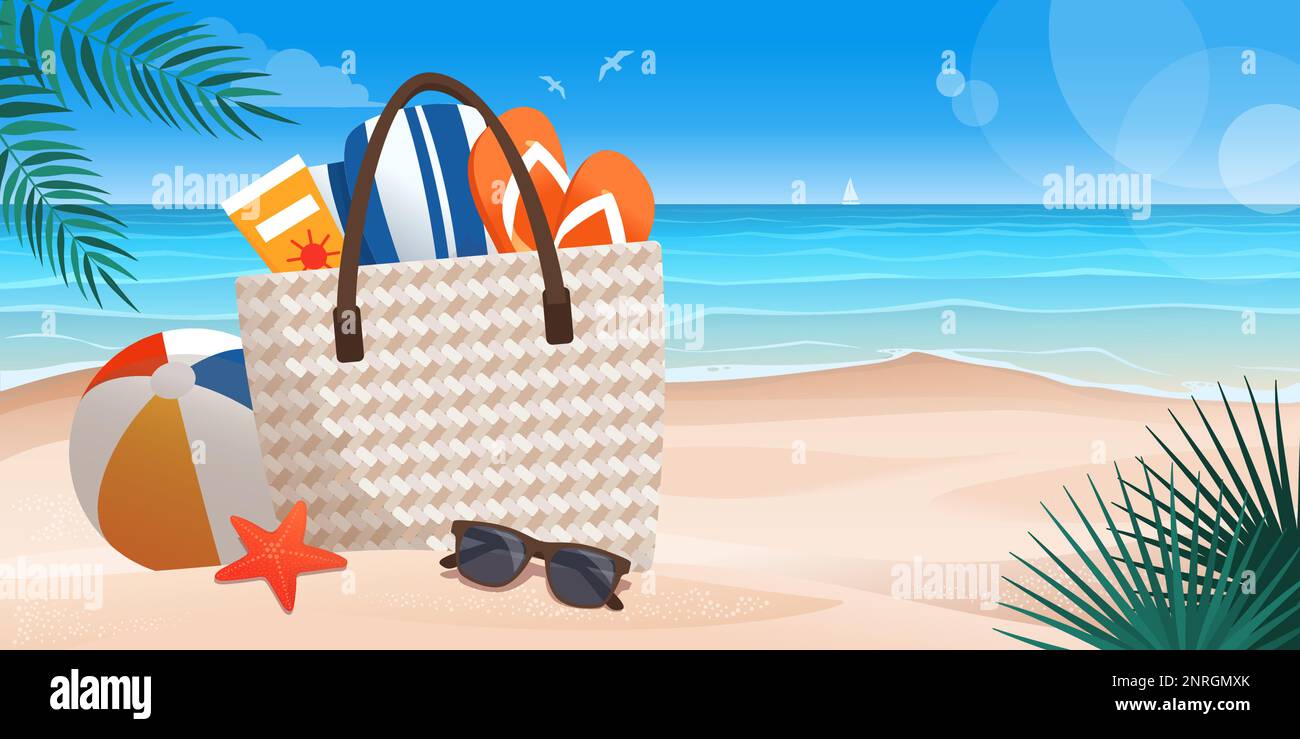 Beach bag with beach accessories on the sand and beautiful seascape panorama in the background, copy space Stock Vector
