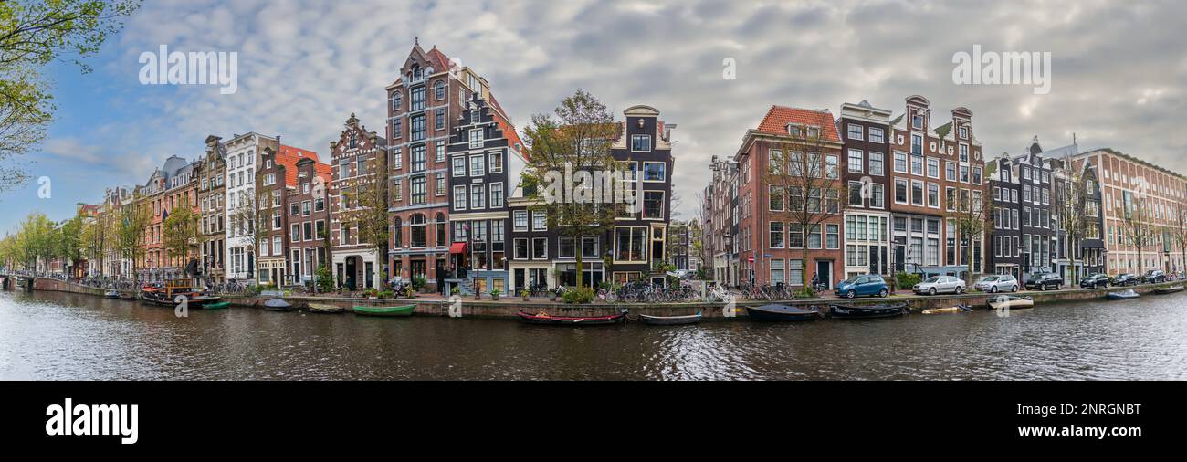 Panorama on the Amstel river in autumn in Amsterdam in Holland, Netherlands Stock Photo