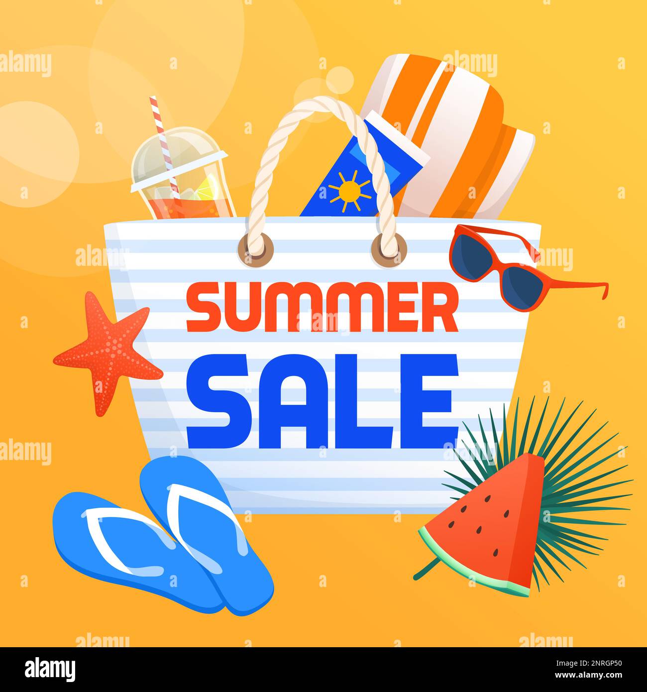 Summer sale advertisement with beach bag and accessories Stock Vector
