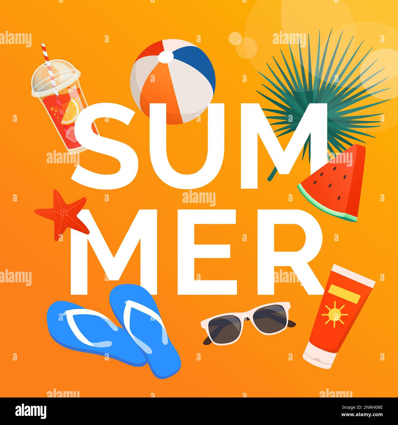 Summer text surrounded by colorful beach accessories, food, drink and palm leaf: vacations and travel concept Stock Vector