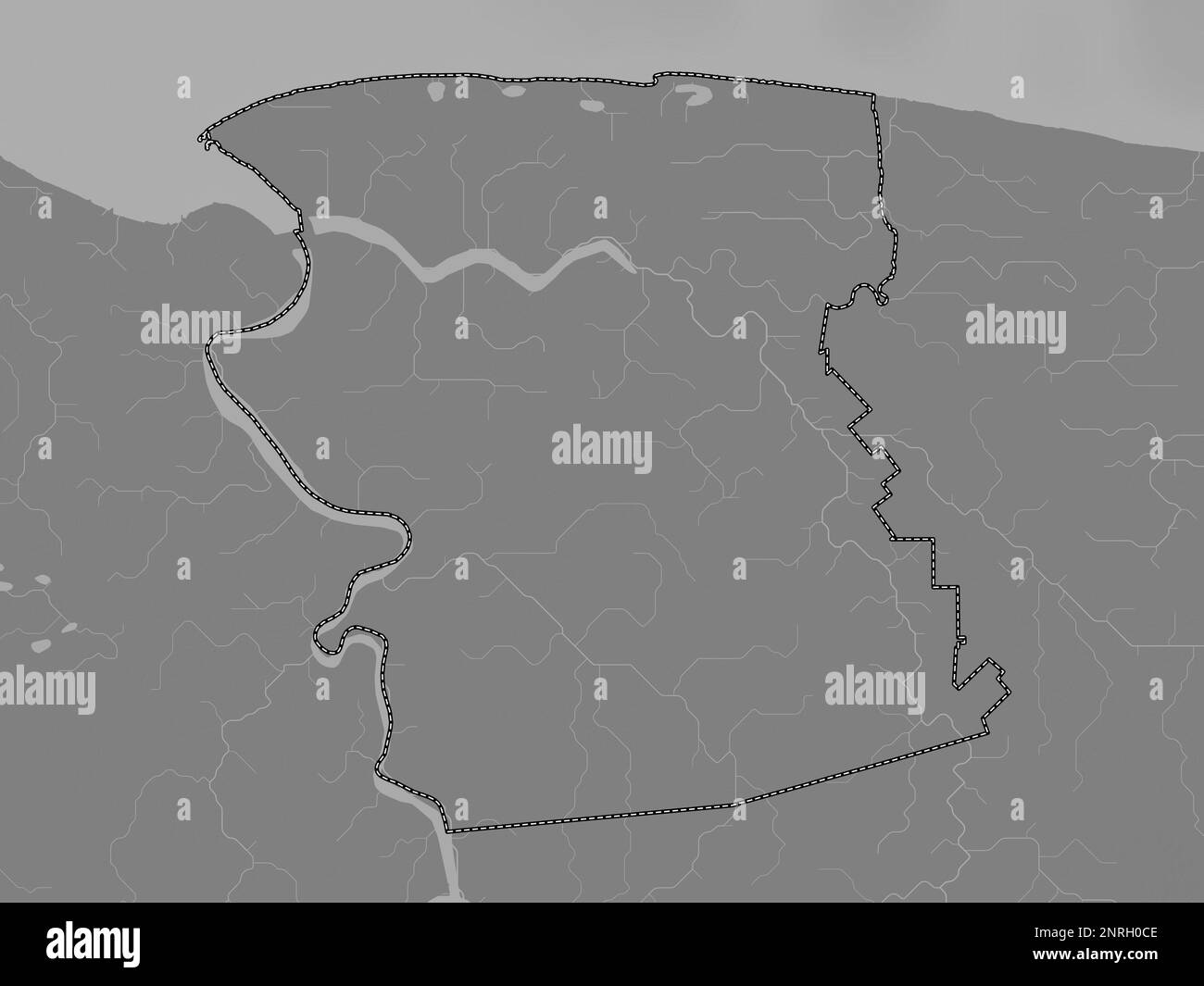 Commewijne, district of Suriname. Grayscale elevation map with lakes