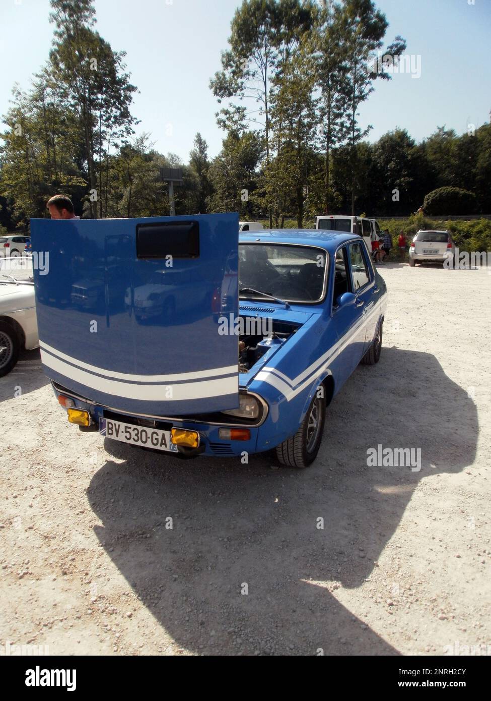 Le Bourget du lac, France - August 19th 2012 : Public exhibition of classic cars. Focus on a blue Renault Gordini with the hood open. Stock Photo