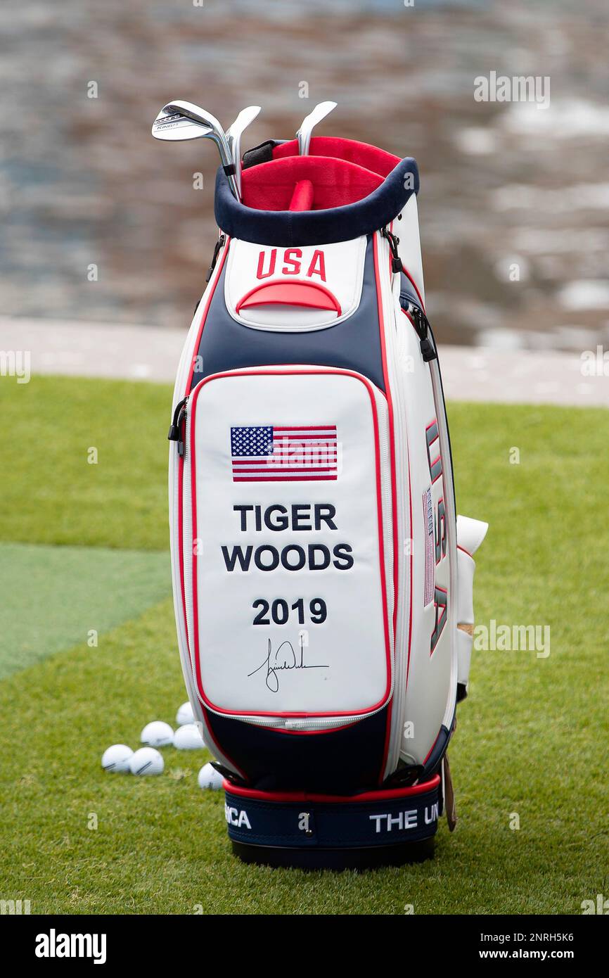 MELBOURNE, AUSTRALIA DECEMBER 09 Tiger Woods of team USA golf bag