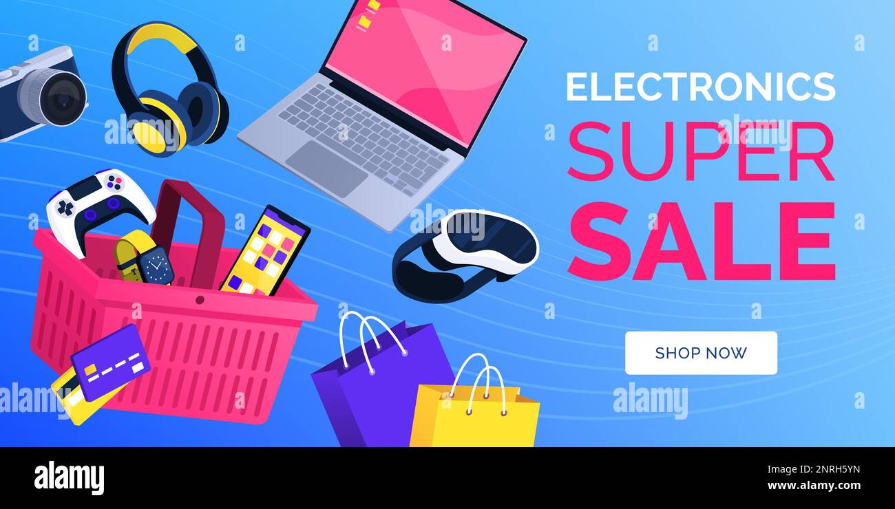 Online electronics shopping and delivery banner with devices and shopping basket Stock Vector