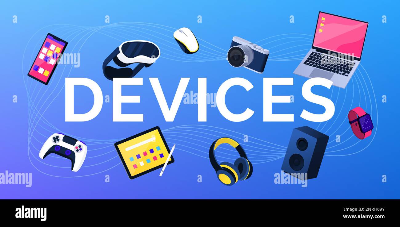 Devices text and assorted electronic devices floating: technology ...
