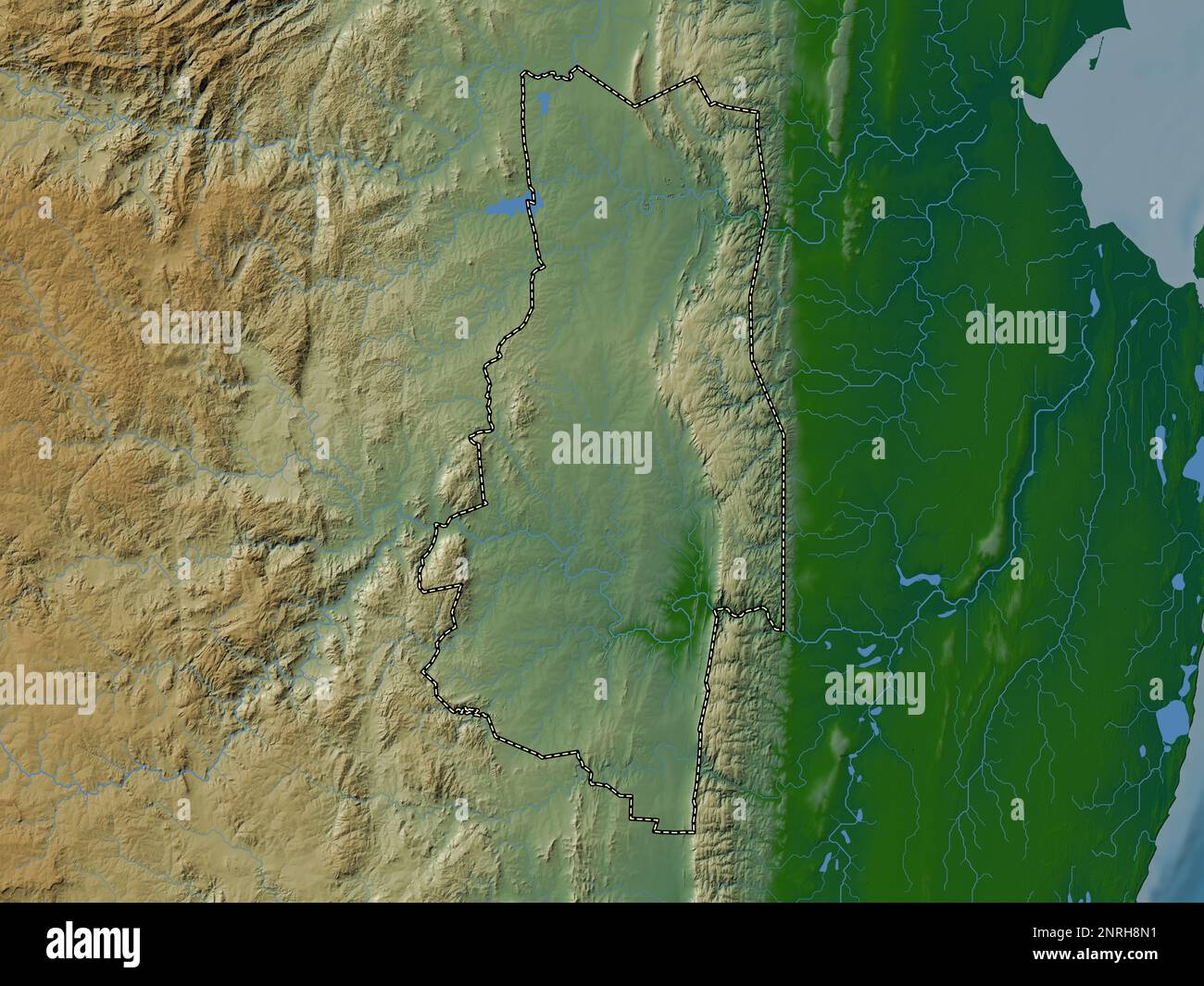 Lubombo, district of Eswatini. Colored elevation map with lakes and rivers Stock Photo