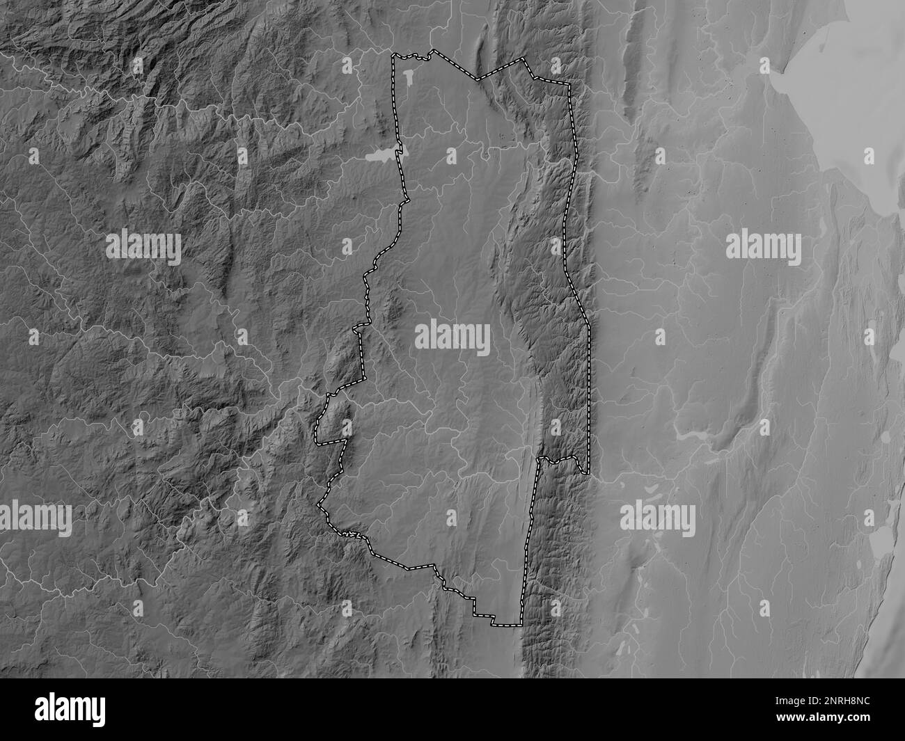 Lubombo, district of Eswatini. Grayscale elevation map with lakes and rivers Stock Photo