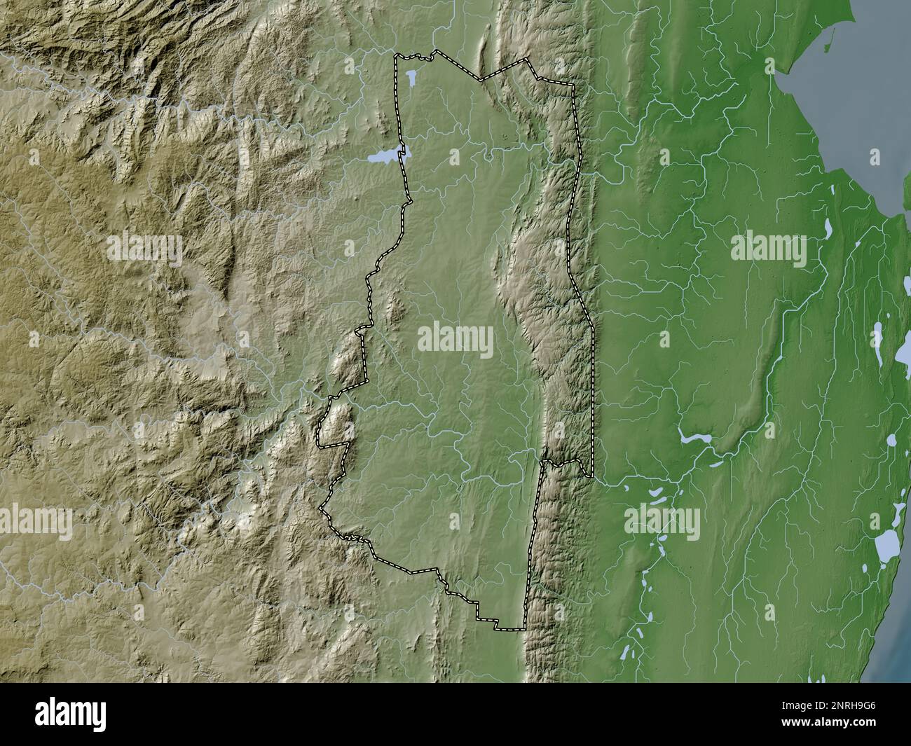 Lubombo, district of Eswatini. Elevation map colored in wiki style with lakes and rivers Stock Photo