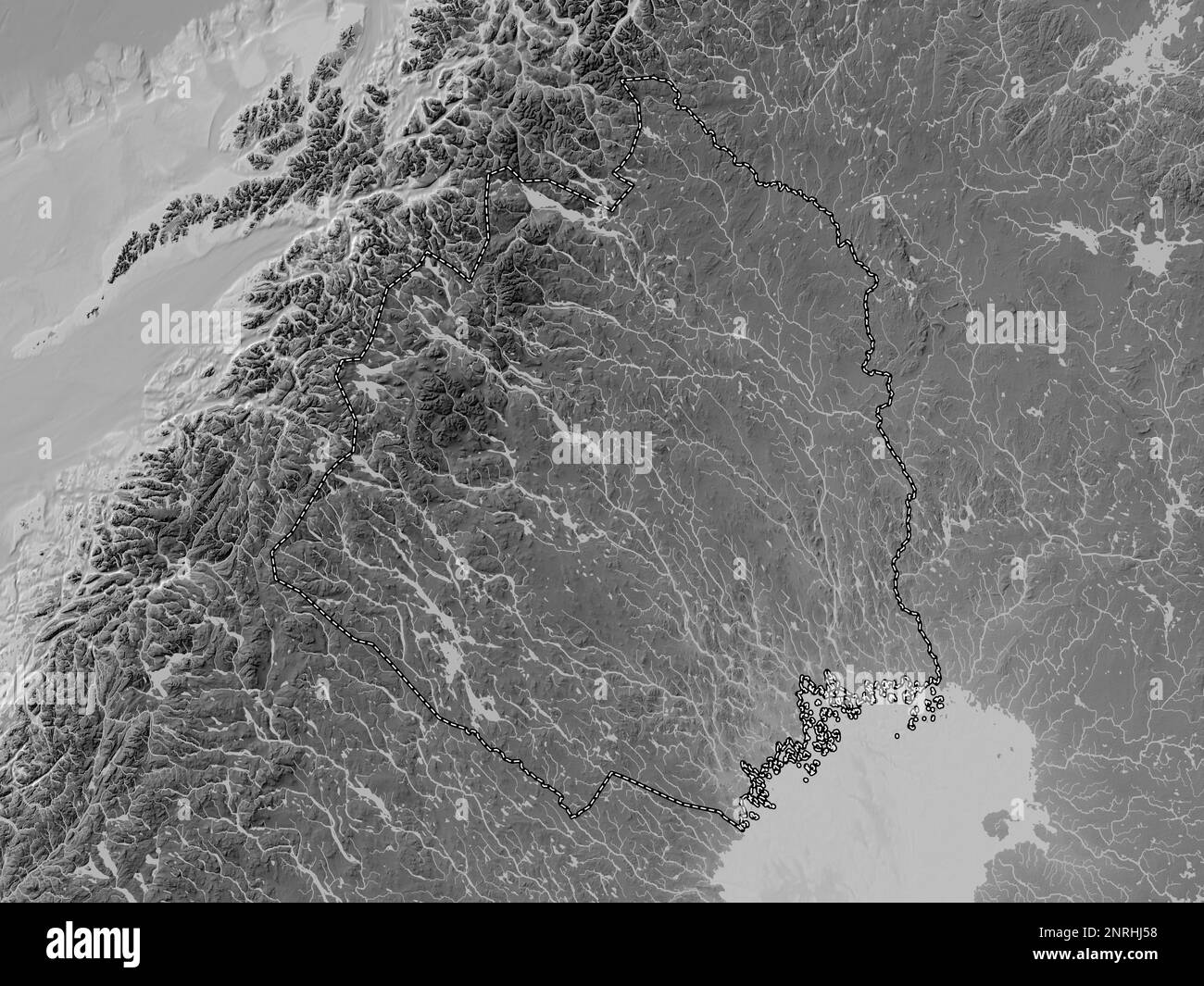 Norrbotten, county of Sweden. Grayscale elevation map with lakes and rivers Stock Photo