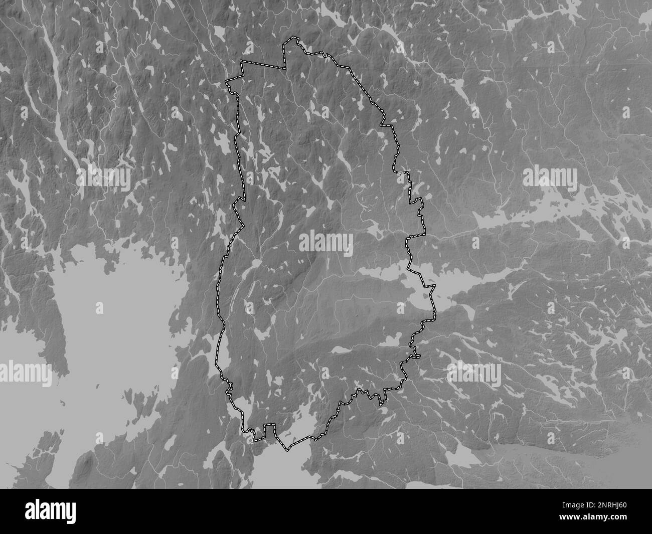 Orebro, county of Sweden. Grayscale elevation map with lakes and rivers Stock Photo