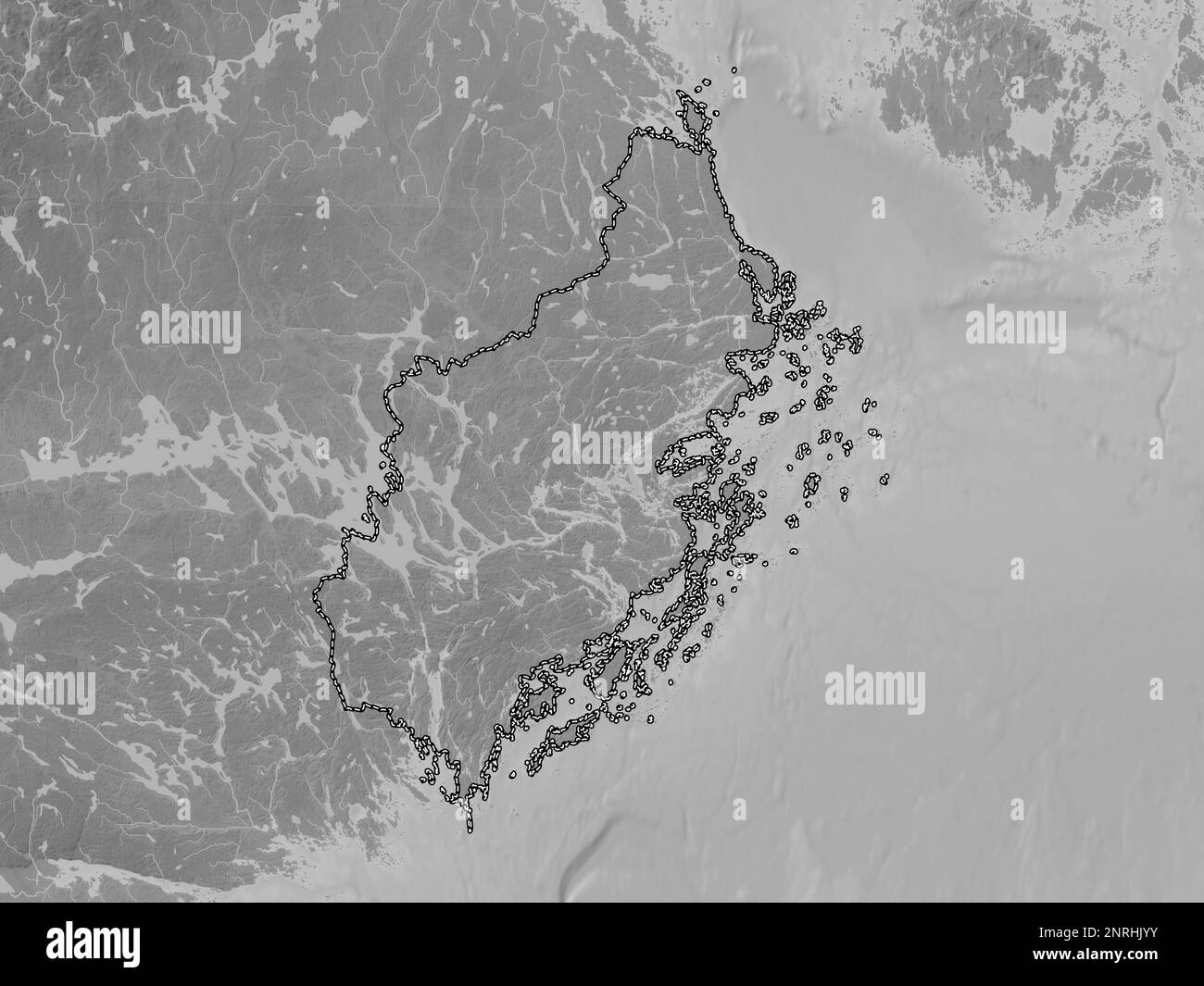 Stockholm, county of Sweden. Grayscale elevation map with lakes and rivers Stock Photo