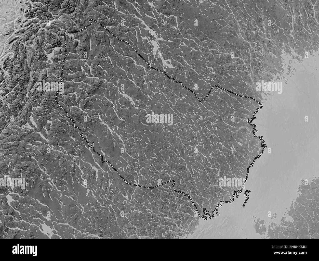 Vasterbotten, county of Sweden. Grayscale elevation map with lakes and rivers Stock Photo