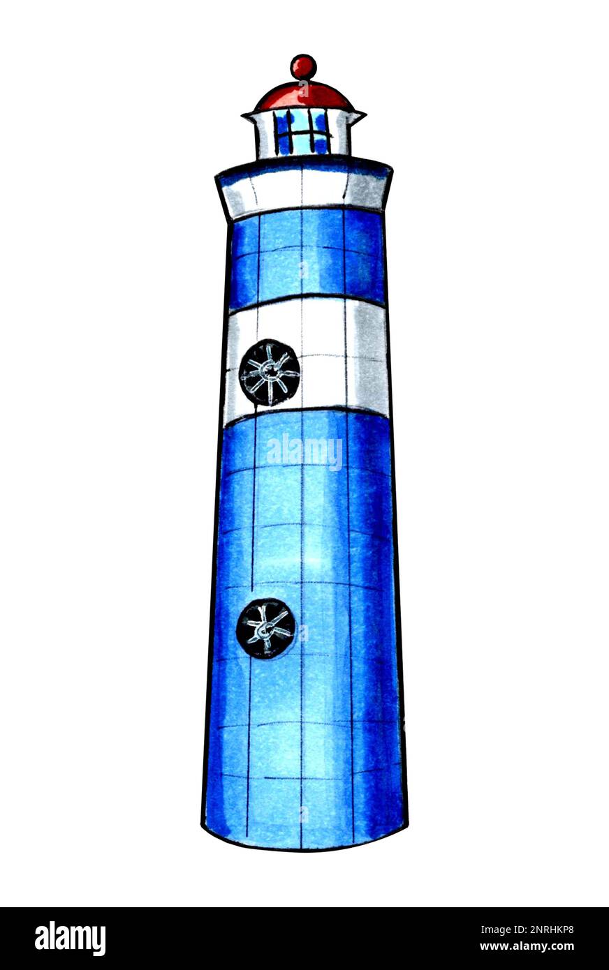 Lighthouse is blue and white with a red roof. JPEG illustration marine