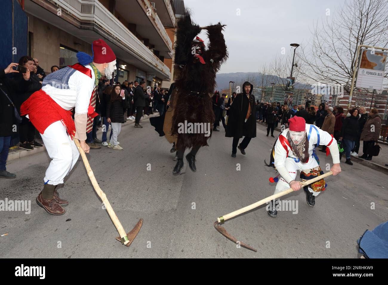 Isernia, Italy. 25th Feb 2023. The devil of Tufara parades at the European Carnival of zoomorphic masks Credit: antonio nardelli/Alamy Live News Stock Photo