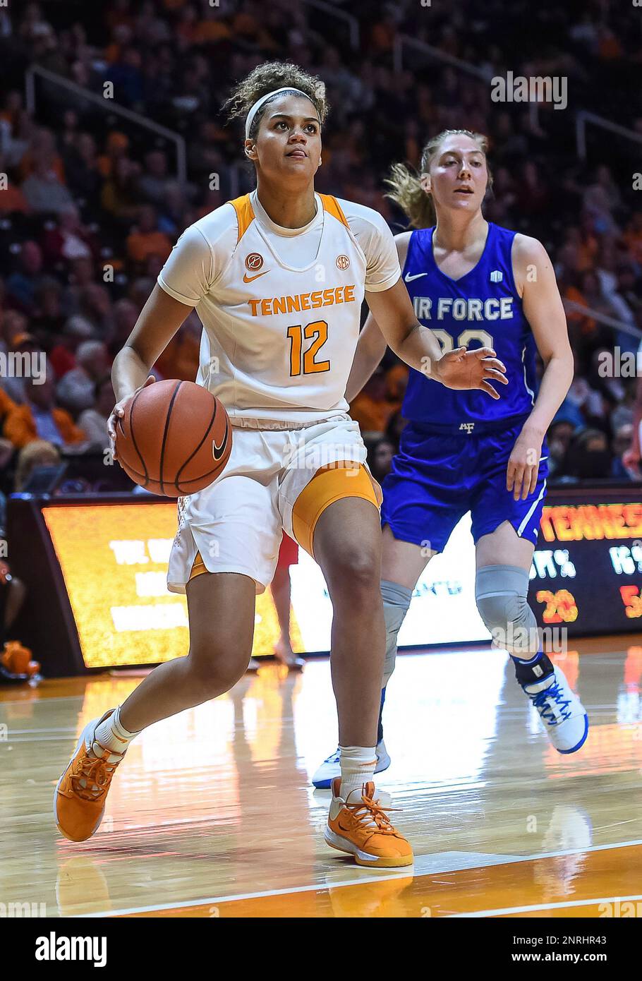 KNOXVILLE, TN - DECEMBER 01: Tennessee Lady Vols guard Rae Burrell (12)  drives to the basket during a college basketball game between the Tennessee  Lady Vols and Air Force Falcons on December