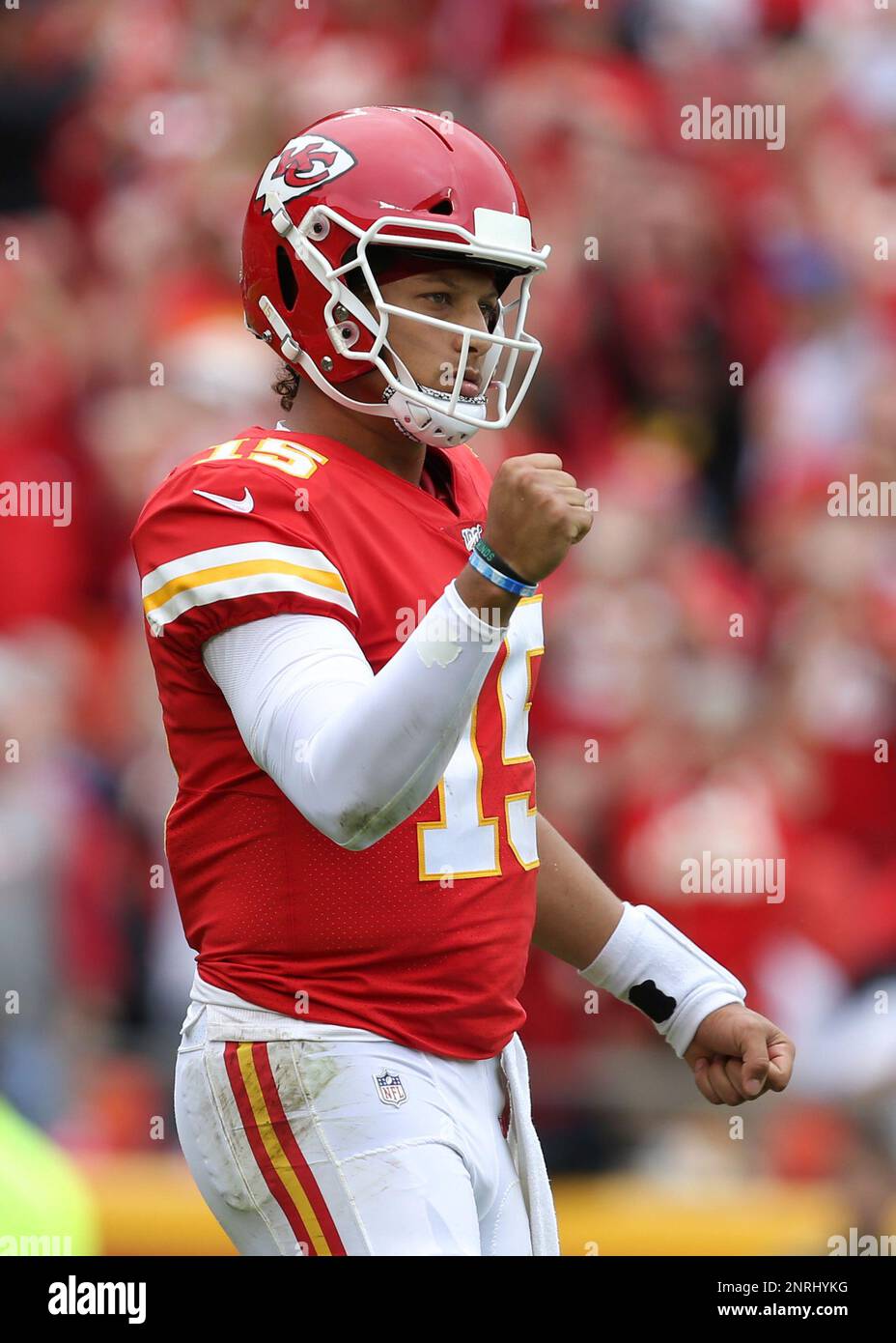 Kansas City Chiefs quarterback Patrick Mahomes leaves the stage following a  news conference following an NFL football game against the Baltimore Ravens  in Kansas City, Mo., Sunday, Sept. 22, 2019. The Kansas