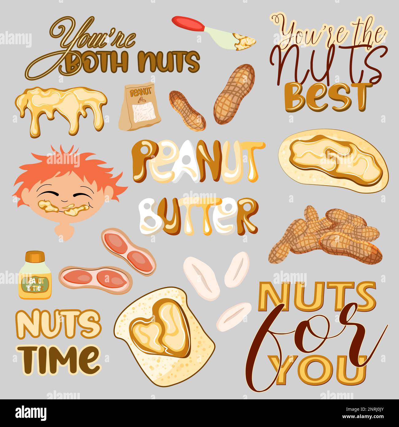Set of peanut elements. Nuts, butter, peanut butter sandwich. Stickers