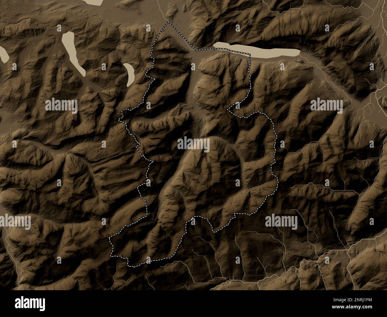 Glarus, canton of Switzerland. Elevation map colored in sepia tones with lakes and rivers Stock Photo