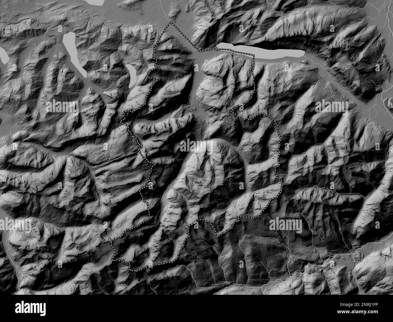 Glarus, canton of Switzerland. Grayscale elevation map with lakes and rivers Stock Photo