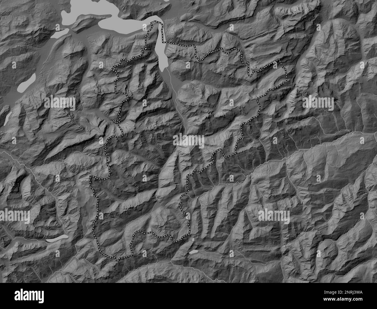 Uri, canton of Switzerland. Bilevel elevation map with lakes and rivers Stock Photo