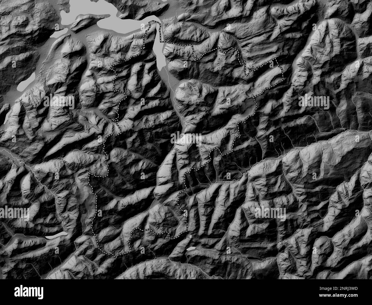 Uri, canton of Switzerland. Grayscale elevation map with lakes and rivers Stock Photo