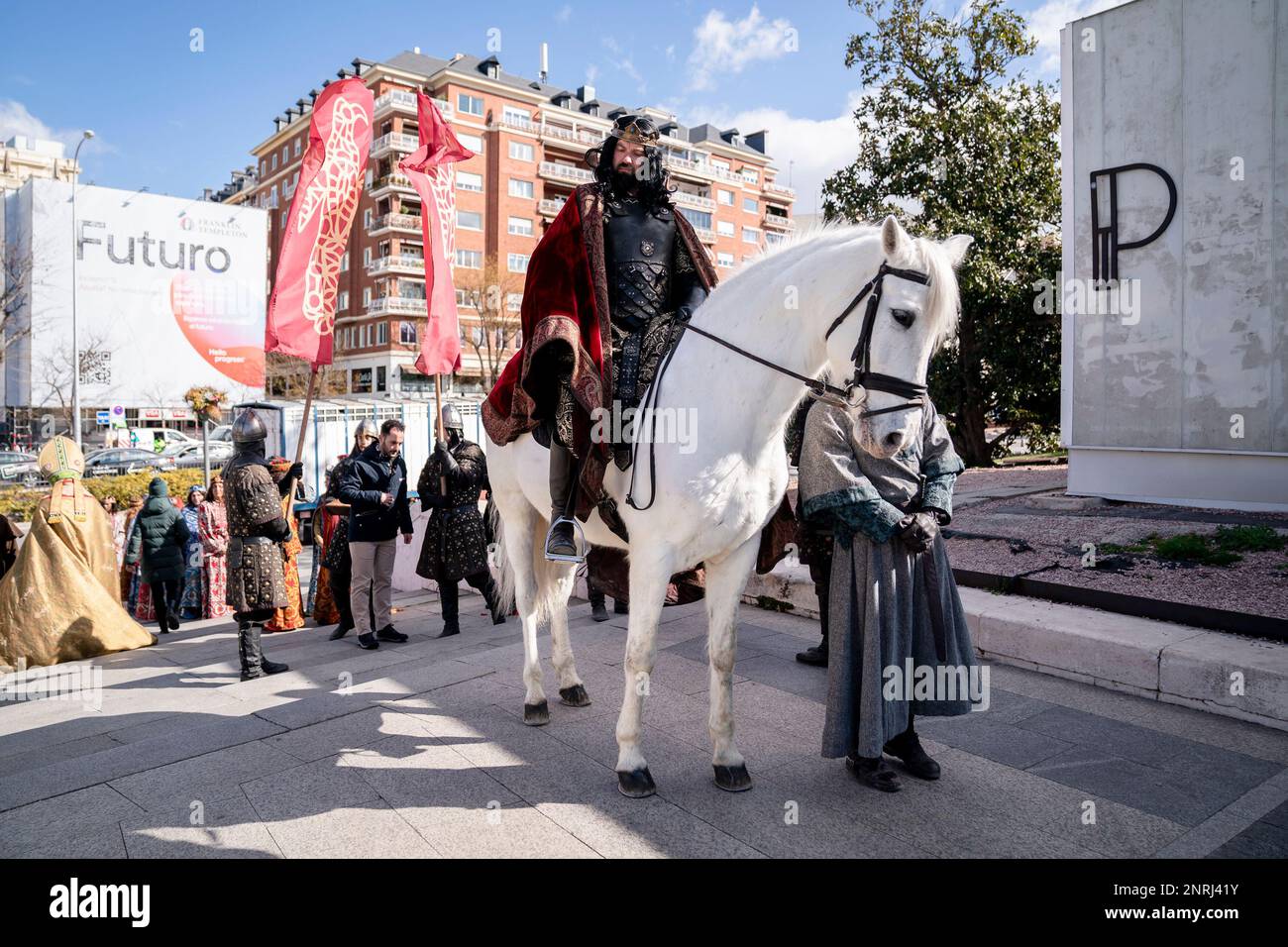 Characters of Puy du Fou on their arrival at Plaza de Colón for the  presentation of its new season, on February 27, 2023, in Madrid (Spain).  Puy du Fou presents its new