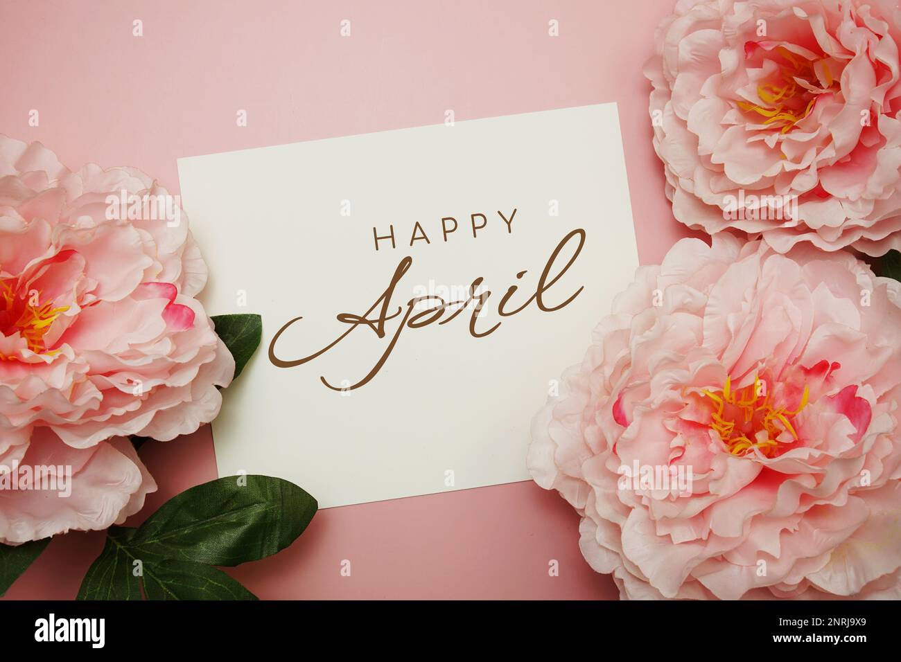 Happy April typography text with flowers on pink background Stock Photo ...