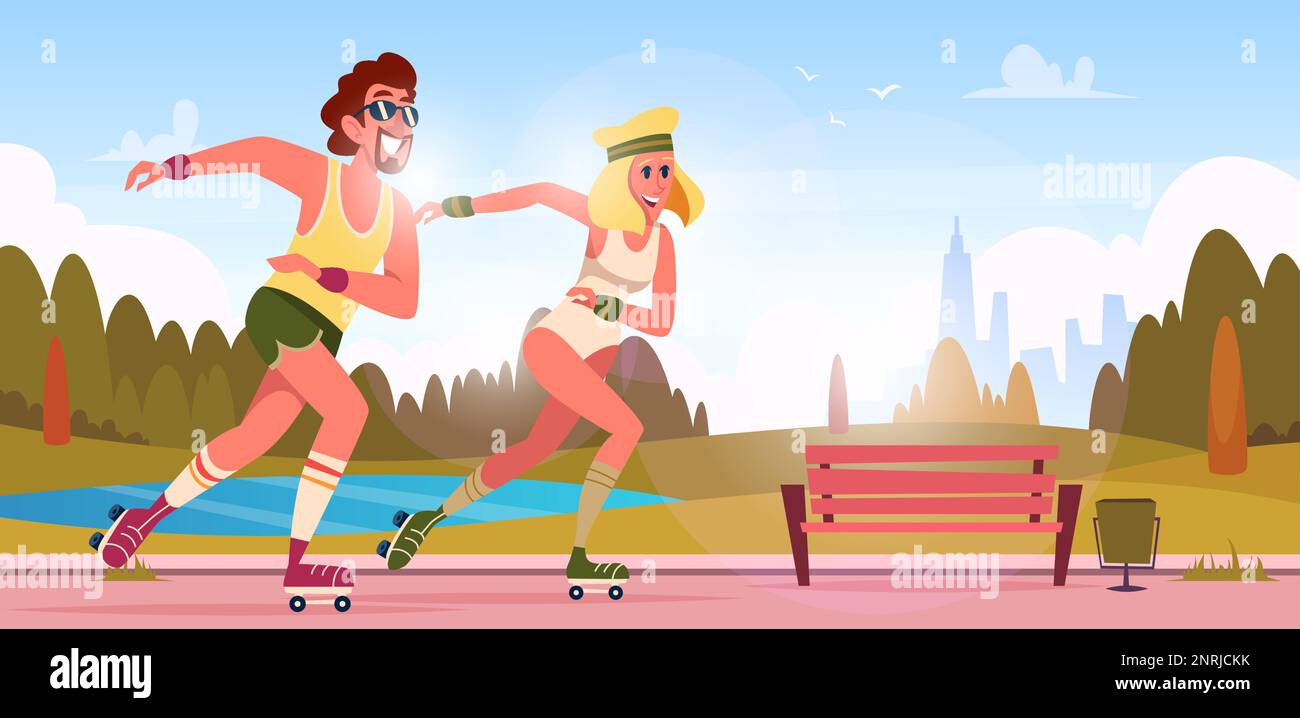 Retro skaters. Active people rollers riding exact vector cartoon background Stock Vector