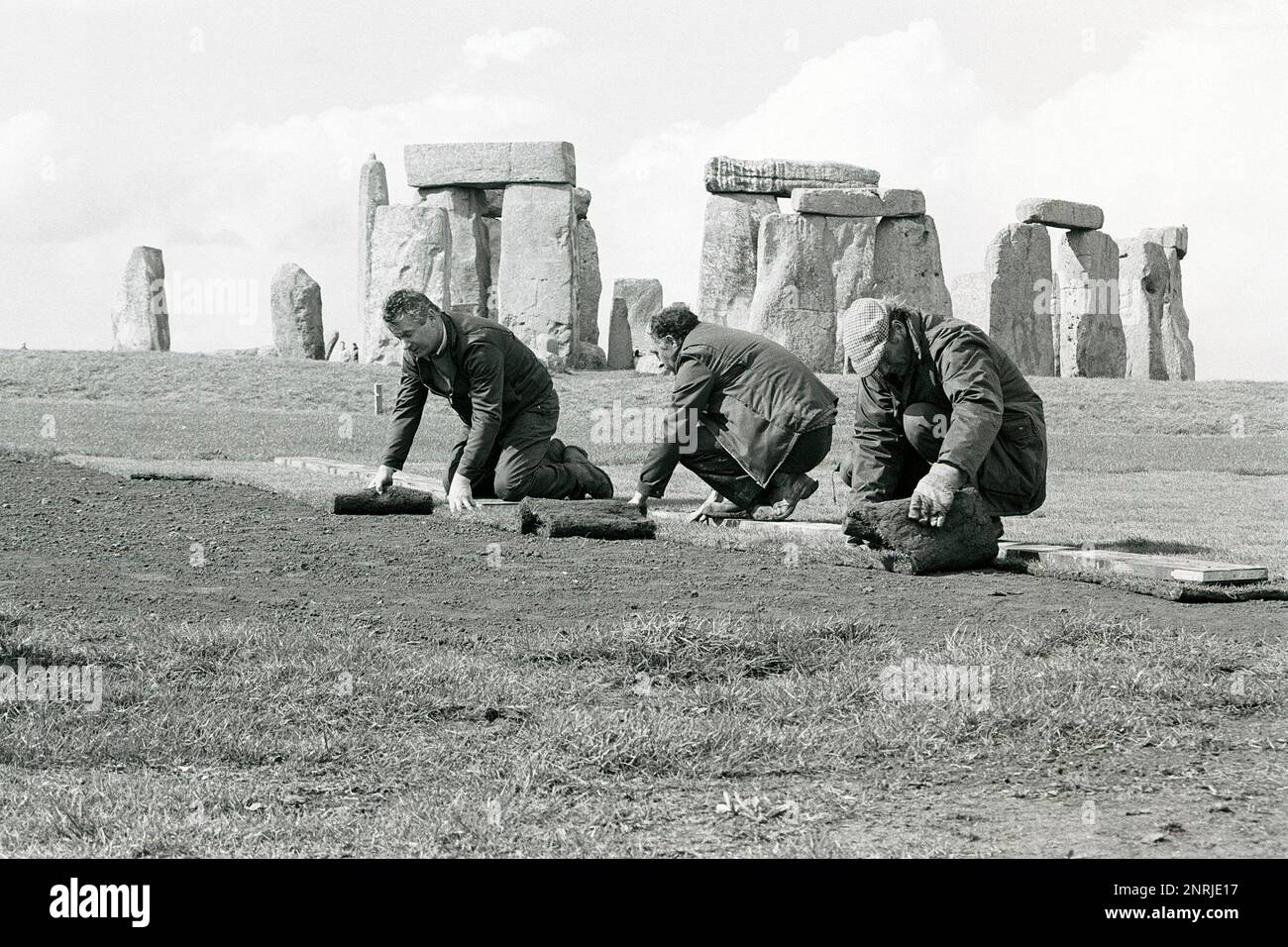 Archive image of turf laying at World Heritage Site Stonehenge circa 1990. Stock Photo