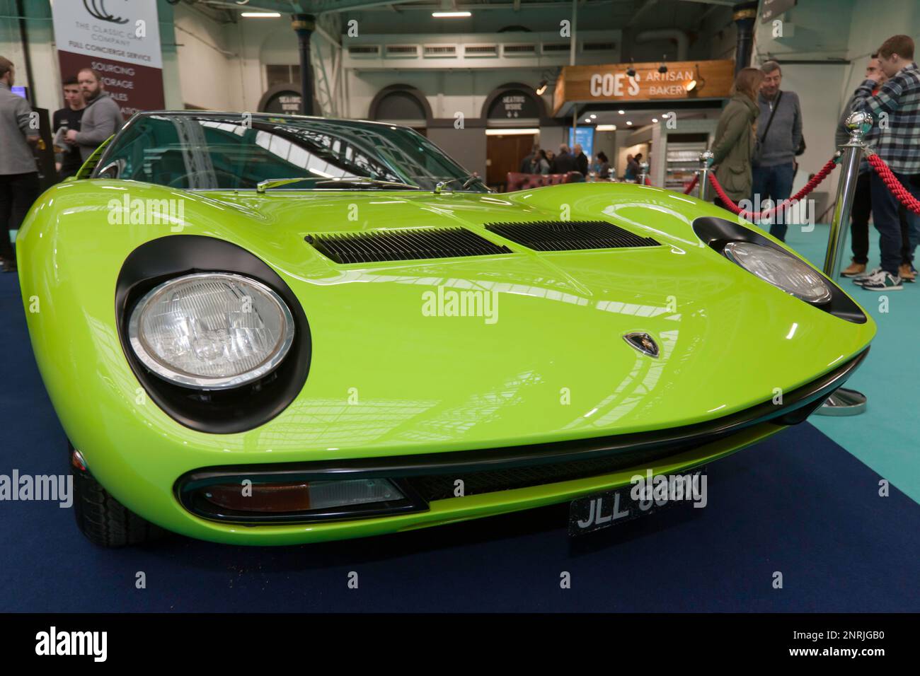 Front view of a Green, 1972, Lamborghini Miura SV, on display at the 2023 London Classic Car Show Stock Photo